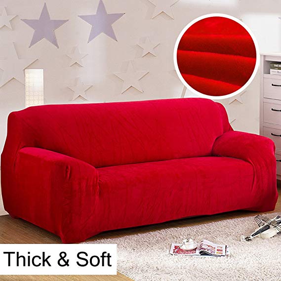 Thick Sofa Covers 1/2/3/4 Seater Pure Color Sofa Protector Velvet Easy Fit Elastic Fabric Stretch Couch Slipcover size 4 Seater:235-300cm (Red)