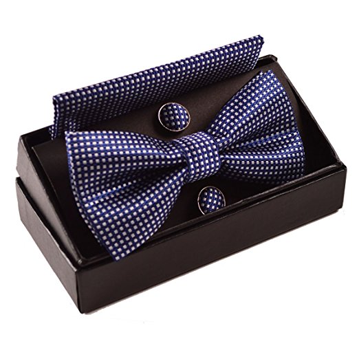 Alizeebridal Men's Vintage Checkered Bow Tie& Handkerchief& Cufflinks Set