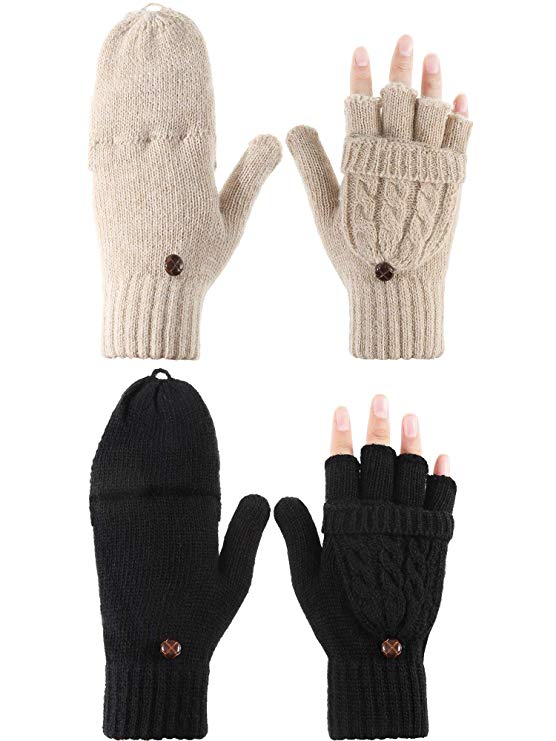 Tatuo 2 Pairs Women Fingerless Mittens Winter Convertible Gloves Knitted Half Finger Gloves with Cover