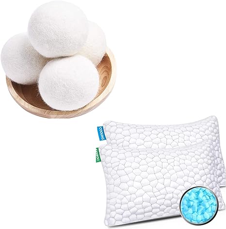 SUPA MODERN Cooling Bed Pillows for Sleeping 2 Pack Shredded Memory Foam Pillows and Wool Dryer Balls 4 Pack XL Laundry Dryer Balls Organic