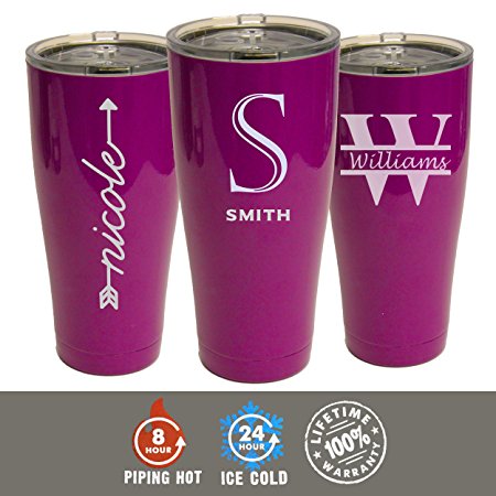 Custom Personalized 30 oz SIC Cups Tumbler - Engraved Powder Coated Cups with Double Wall Vacuum Sealed Sweat Free - Monogrammed for Free - Style Choice (Purple)