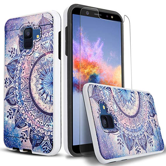 Galaxy A6 Case, with [Tempered Glass Screen Protector] Circlemalls 2-Piece Style Durable Hybrid Drop Protection Armor Rugged Protective Phone Cover with Stylus For Samsung Galaxy A6-Mandala Flower