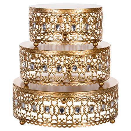 3-Piece Metal Cake Stand Risers Set with Crystal Rhinestones (Gold)