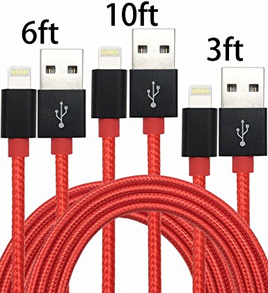 GOLDEN-NOOB 3Pack 3 6 10FT Nylon Braided Popular Lightning Cable 8Pin to USB Charging Cable Cord with Aluminum Heads for iPhone 6/6s/6 Plus/6s Plus/5/5c/5s/SE,iPad iPod Nano iPod Touch(Red)