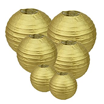 E-MANIS Gold Round Paper Lanterns 12inch 10inch 8inch size for Birthday Wedding Christmas Party Decorations (1-Pack of 6)