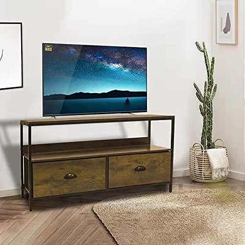 2 Drawer TV Stand with Shelves - LINKLIFE Fabric Closet Storage, Metal Frame, Wooden Top Dresser for Living Room, Bedroom, Hallway, Entryway, Closets & Nursery (Brown)