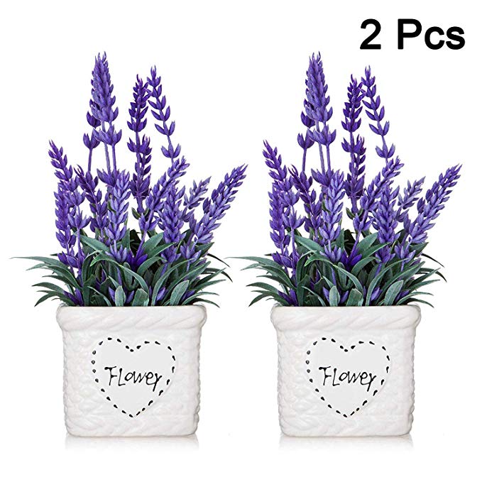 2Pcs Lavender Flowers Artificial Plants with White Vase - Potted Purple Fake Flower for Farmhose Table Decor