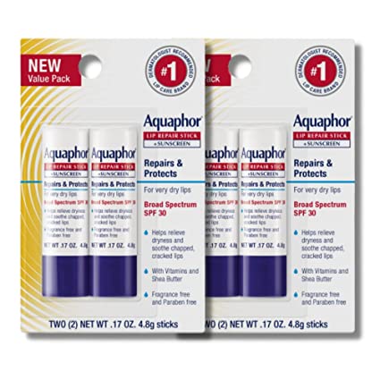 Aquaphor Lip Repair Stick with Sunscreen, Lip Protectant, Soothes Dry Chapped Lips, 0.17 Oz Stick (Pack of 4)