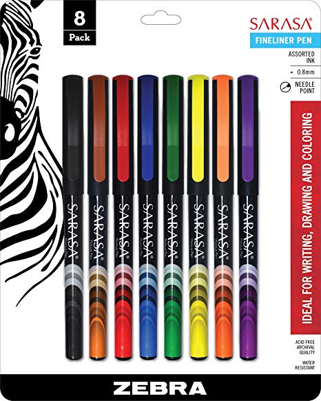 Zebra Sarasa Fineliner Pen, Needle Point, 0.8mm, Assorted, 8-Count