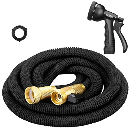 URCERI 25 foot Expandable Garden Hose with 3/4" Solid Brass Fittings , 8 Function Spray Nozzle , Shut Off Valve and Carrying Bag