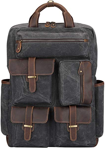 S-ZONE Vintage Crazy Horse Genuine Leather Backpack Multi Pockets Travel Bag