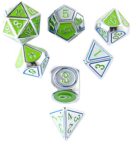 DND Metal Game Dice Set 2019 Newly Chic Serial Double-Colors Silver Green and Silver Edge 7pc Set for Dungeons and Dragons RPG MTG Table Games D4 D6 D8 D10 D12 D20