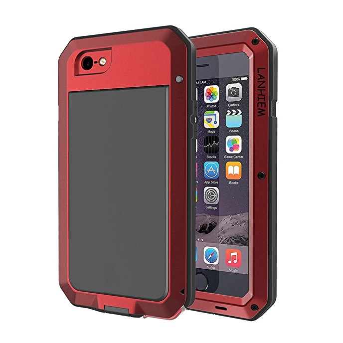 iPhone 7 / 8 Case, Lanhiem Rugged Armour [Full-Body] Shockproof Heavy Duty Metal   Soft Bumper Protection Cover with Built-in Glass Screen Film for Apple iPhone 7 / 8 (4.7inch), Dust Proof Design -Red