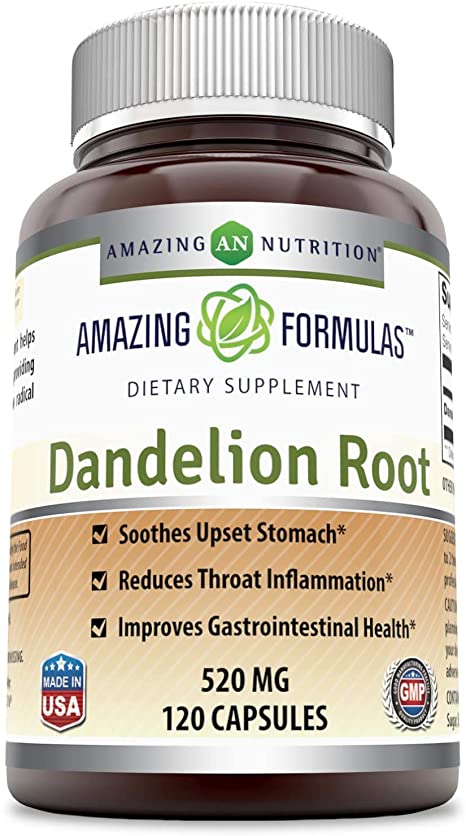 Amazing Nutrition Dandelion Root Dietary Supplement * 520mg of 100% Pure Dandelion (Taraxacum Officinale) in Every Capsules Can Be Used As Tea -Helps to Detox Cleanse Kidney,120 Capsules Per Bottle