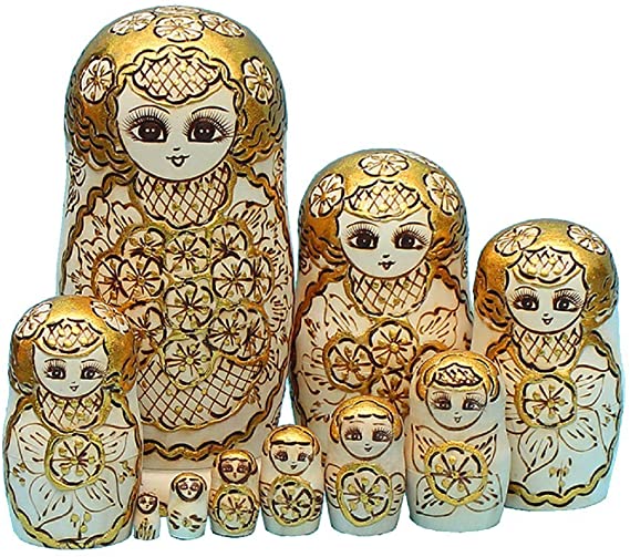 Moonmo 10pcs Handmade Wooden Gold Plum Russian Nesting Dolls Matryoshka Wooden Toys