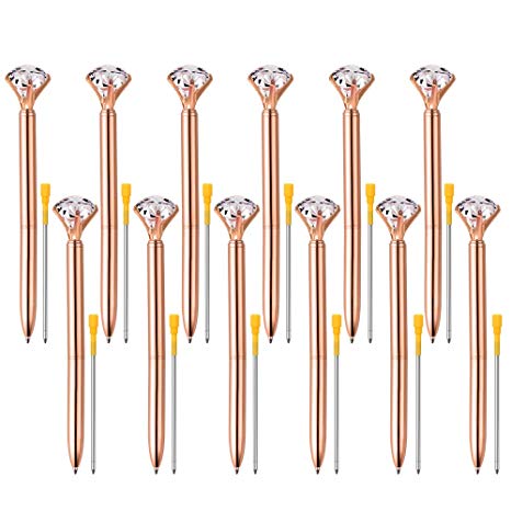 Coopay 12 Pieces Big Crystal Diamond Pens Rose Gold Pens Metal Ballpoint Pens and 12 Pieces Ballpoint Pen Refills in Black Ink for School Office