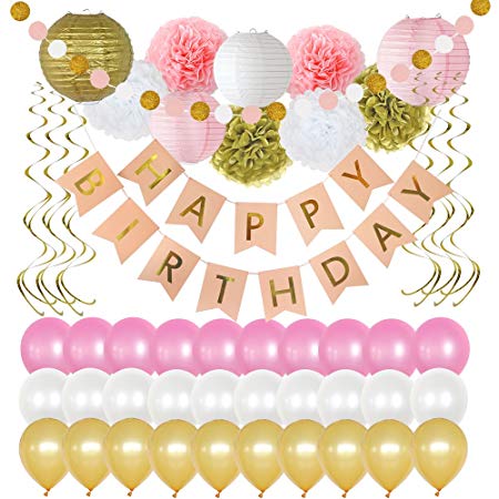Birthday Party Decorations 49 Piece kit - Gold and Pink Party Supplies and Favors for Kids - Happy Birthday Banner, Balloons, Pompoms, Paper Lantern, Glitter Garland, Swirl – by Yana’s Corner