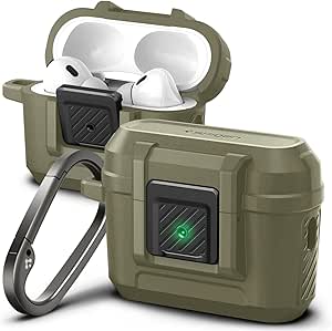 Spigen Lock Fit Designed for AirPods Pro 2nd Generation Case 2022/2023 (USB-C/Lightening Cable) with Secure Lock Clip - Vintage Khaki