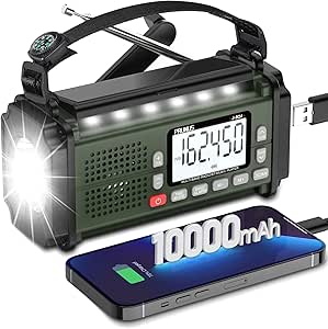 PRUNUS 924 10000mAh Hand Crank Radio, Emergency Radio Solar, NOAA Weather Radio AM/FM/SW, AAA Batteries Powered Radio, USB Charging, Torch& Reading Light, SOS Alarm, Power Bank, Compass for Camping