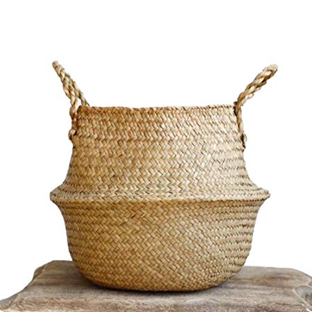 Woven Baskets, Seagrass Plant Pot Belly Basket for Indoor Plants by Qliwa