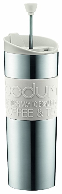 Bodum Double-Wall Stainless Steel Travel Coffee and Tea Press with Bonus Lid, 0.45L, 16oz, White