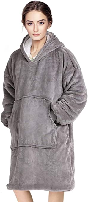 Wearable Blanket Oversized Hoodie Blanket with Hood Pocket and Sleeves Super Soft & Warm Blanket Sweatshirt for Women, Men, Adults and Kids ,One Size Fits All (Gray)