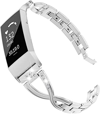 Wearlizer Compatible Fitbit Charge 3 Bands and Charge 3 SE for Women Metal Replacement Fit Charge 3 hr Band Assesories Strap with Bling Rhinestone Bracelet Bangle (Silver-Upgrade)