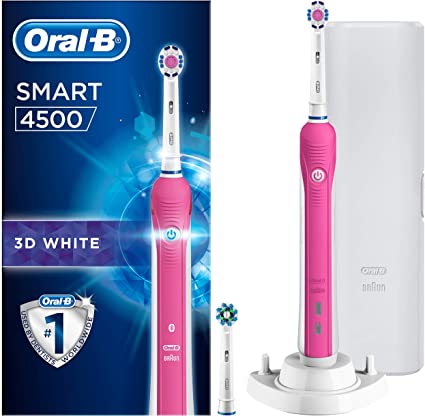 Oral-B Smart 4 4000 W 3D White Electric Toothbrush Rechargeable Powered By Braun, 1 Pink App Connected Handle, 3 Modes, Pressure Sensor, 2 Toothbrush Heads, 1 Travel Case, 2 Pin UK Plug