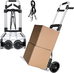 Folding Hand Truck Dolly Cart Portable Foldable Aluminum Luggage Cart Trolley Cart Black Load 300 lbs, with Black Bungee Cord, Telescoping Handle,Solid Aluminium Wheel suspensions, Double Bearings