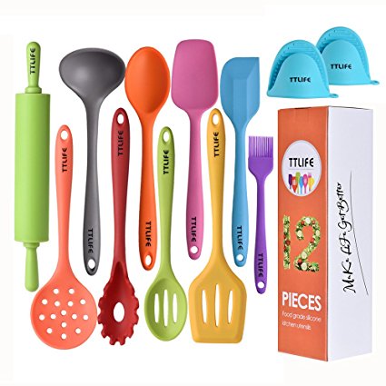 Silicone Utensils Kitchen SET With Turner, Spatula, Soup Ladle,Brush,Long Handle Shovel,Long Spoon,Slotted Spoon,Shovel Spoon,Colander, Rolling Pin,Heat Resistant Hand Clips