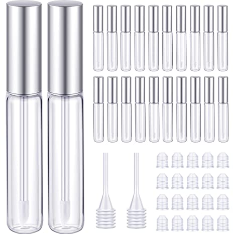 20 Pieces 10ml Lip Gloss Tubes Empty Lip Gloss Containers Clear Lip Balm Bottle with Rubber Stoppers and 2 Pieces Funnels for Women Girls DIY Tool (Silver)