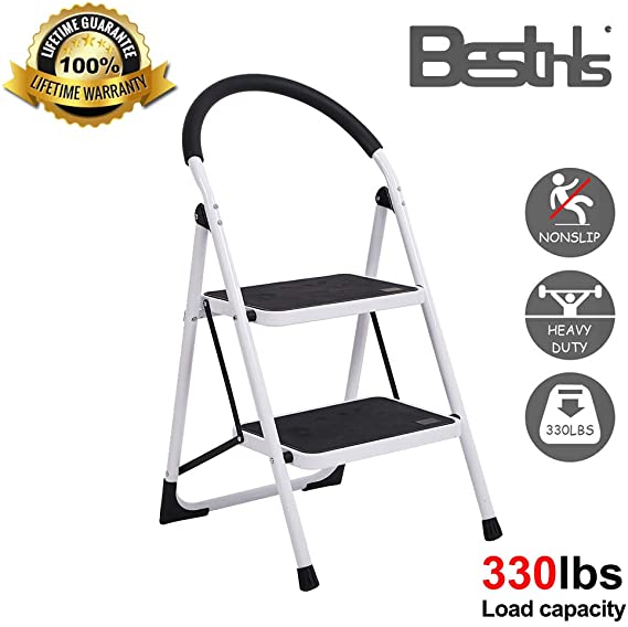 Besthls 2 Step Ladder Stool，Folding Kitchen Step Ladder Stool with Handgrip and Wide Anti-Slip Platform for Adults, 330 lbs Capacity