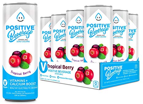 Positive Beverage Naturally Flavored Electrolyte Beverage Tropical Berry- Made with Real Fruit Antioxidant Infused,Healthy Energy Water-Zero Calorie-Calcium Boost-No Sugar-12 Seltzer Water Cans, 12oz