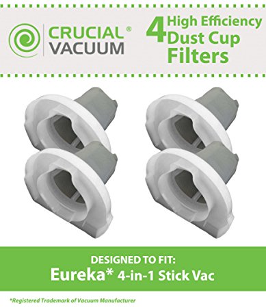 4 Dust Cup Style Filters for Eureka 160A, 166 and 92A 4-in-1 Stick Vac Vacuums; Compare to Eureka Part Nos. 60796; Designed & Engineered by Think Crucial