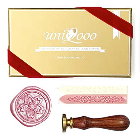 UNIQOOO Arts & Crafts Vintage Japanese Sakura (Cherry Blossom) Wax Seal Stamp Kit- Pink & White Wax Sticks with Wicks- Great for Embellishment of Envelopes, Invitations, Wine Packages, Gift Idea