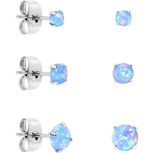 Body Candy Stainless Steel Light Blue Synthetic Opal Post Stud Earring Pack of 3