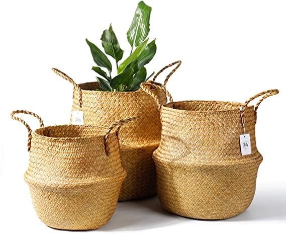 POTEY 730102 Seagrass Plant Basket Set of 3 - Hand Woven Belly Basket with Handles, Large Storage Laundry Picnic Plant Pot Cover Home Decor & Woven Straw Beach Bag (M L XL, Original Brown)