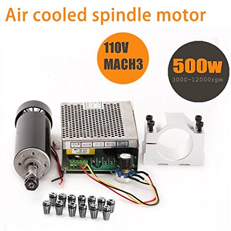 CNC Spindle 500W Air Cooled 0.5kw Milling Motor and Spindle Speed Power Converter and 52mm Clamp and 13pcs ER11 Collet for DIY Engraving