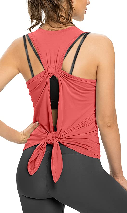 Sanutch Open Back Workout Top Backless Yoga Shirts Tie Back Workout Tank for Women