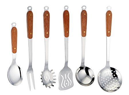 TeamFar Stainless Steel Premium Kitchen Utensils Set Bundle, Cooking Serving Tools, Solid & High Quality, Non Toxic & Healthy, Wooden Handle, 6-piece