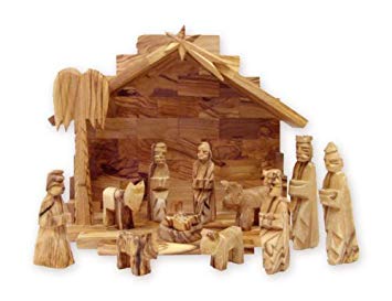 Olive Wood Miniature Set with Stable 12 pieces (Plain Roof Stable)