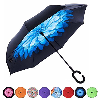 AmaGo Inverted Umbrella – Reverse Double Layer Long Umbrella, C-Shape Handle & Self-Stand to Spare Hands, Inside-Out Fold to Keep Cars & Drivers Dry, Carrying Bag for Easy Traveling (Blue Blossom)