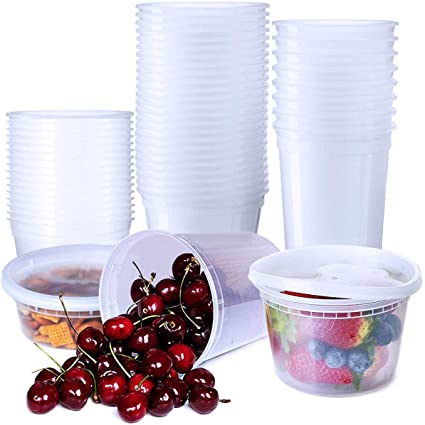 Plastic Storage Containers Sets with Airtight Lids 8/16/32oz Deli Soup Containers Freezer Leakproof Reusable Stackable Microwave Dishwasher Safe Round Clear Restaurant Container Cups 48 Packs