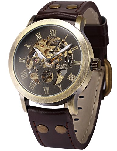 AMPM24 Mens Steampunk Bronze Skeleton Self-Winding Auto Mechanical Leather Wrist Watch PMW198