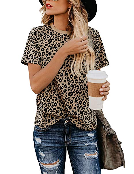 Womens Shirts Leopard Print Round Neck Cute Tops Basic Casual Short Sleeve Soft Blouse