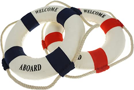 Bilipala 2PCS Welcome Cloth Decorative Life Ring, Buoy Home Wall Nautical Decor, Red&Blue