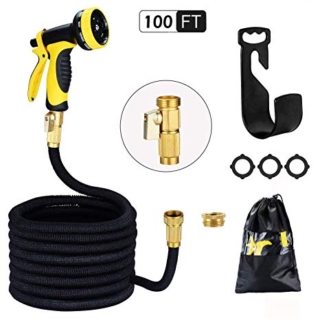 Garden Hose 100ft 30m HmiL-U Strongest Double Latex Inner Tube Prevent Leaking Magic Garden Hosepipe with 9 Function Spray Gun+Solid Brass Connector Fittings+Brass Valve+Heavy Hanger+Storage bag【2 YEARS 100% Satisfaction Guaranteed】(100ft)