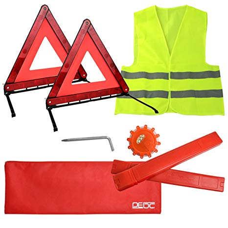 DEDC 4 Pack Visibility Car Emergency Roadside Kit Safety Set with Warning Triangles LED Road Flares Reflective Safety Vest for Car Truck SUV (Safety Set)