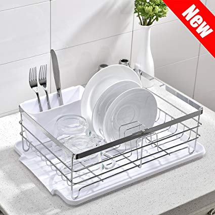 IKEBANA Commercial Wire Small Dish Drying Rack, Dish Drying Rack Kitchen Dish Drainer with White Plastic Cutlery Holder and Drainboard