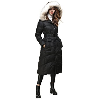 BLDO Women's Long Thickened Fur Hooded Down Jacket With Sashes